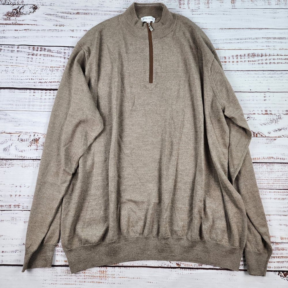 Peter Millar Autumn Crest Suede Trim 1/4 Zip Sweater Mens XXL Irish Cream Wool